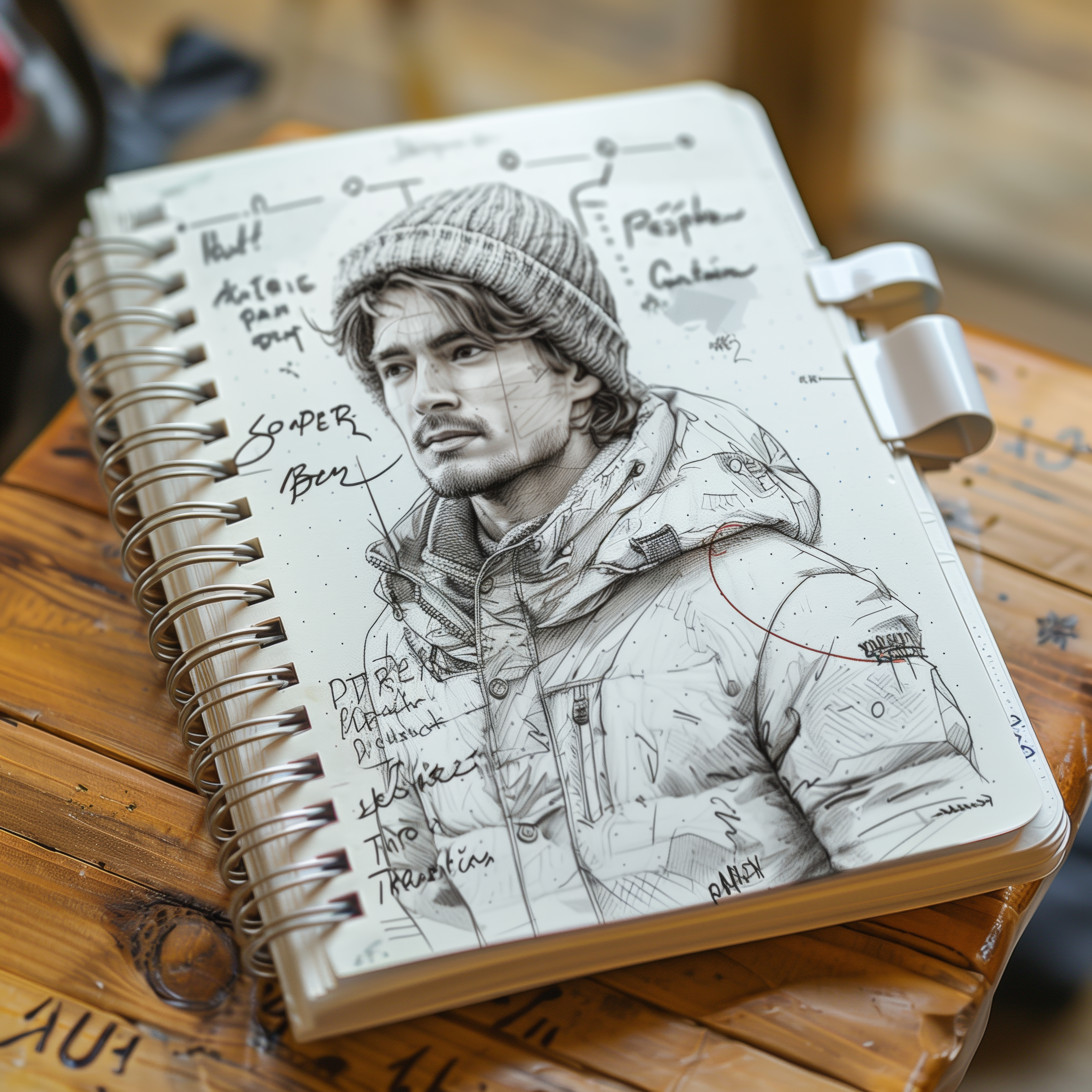 mockup of a notebook with drawings of sober man fashion, turnaround, notes, top view --no objects around --stylize 1000 Job ID: d118b81a-075c-4efc-89fe-6b8bf4aa421d